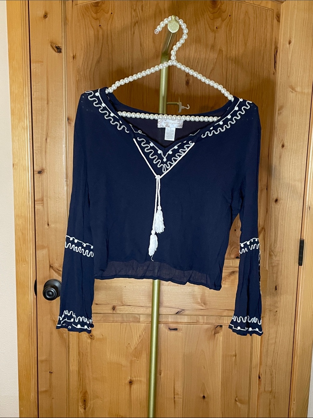 Band of Gypsies Navy Peasant V-Neck Top with White Tassels Size XS
